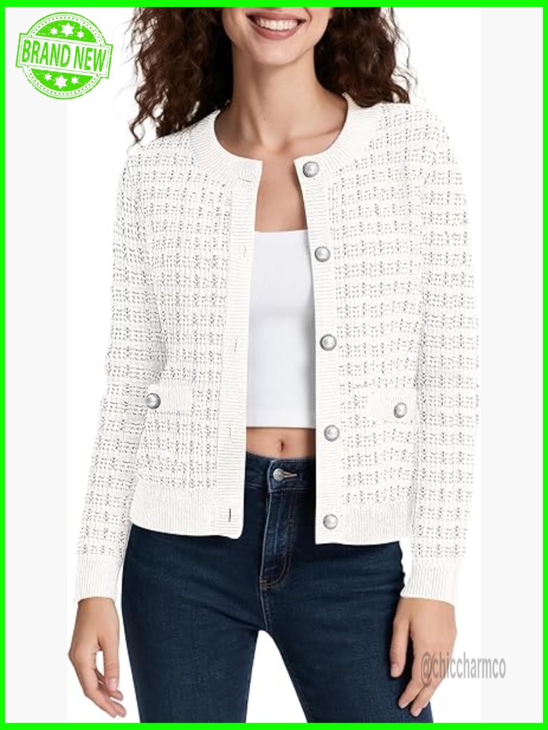 Cropped Open Front Knit Cardigan - Long Sleeve Button Down Sweater Jacket
